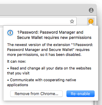 1Password requires more permissions
