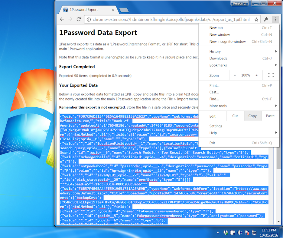The exported 1Password data in a browser window, with the data in the box selected