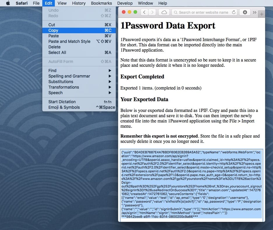 The exported 1Password data in a browser window, with the data in the box selected