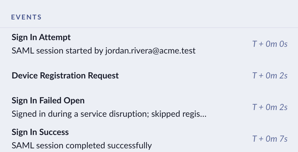 The events for a session with a Sign In Failed Open event that says device registration was skipped.