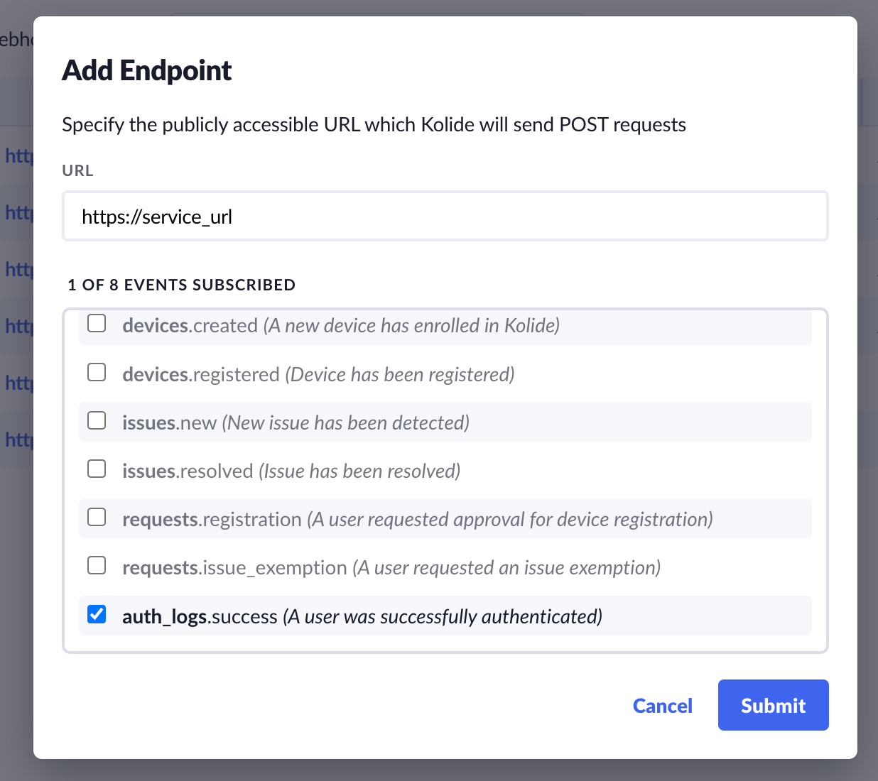 An image showing the modal that appears after a user clicks the “add endpoint” button. This modal has the checkbox for ‘auth_log.success’ checked.