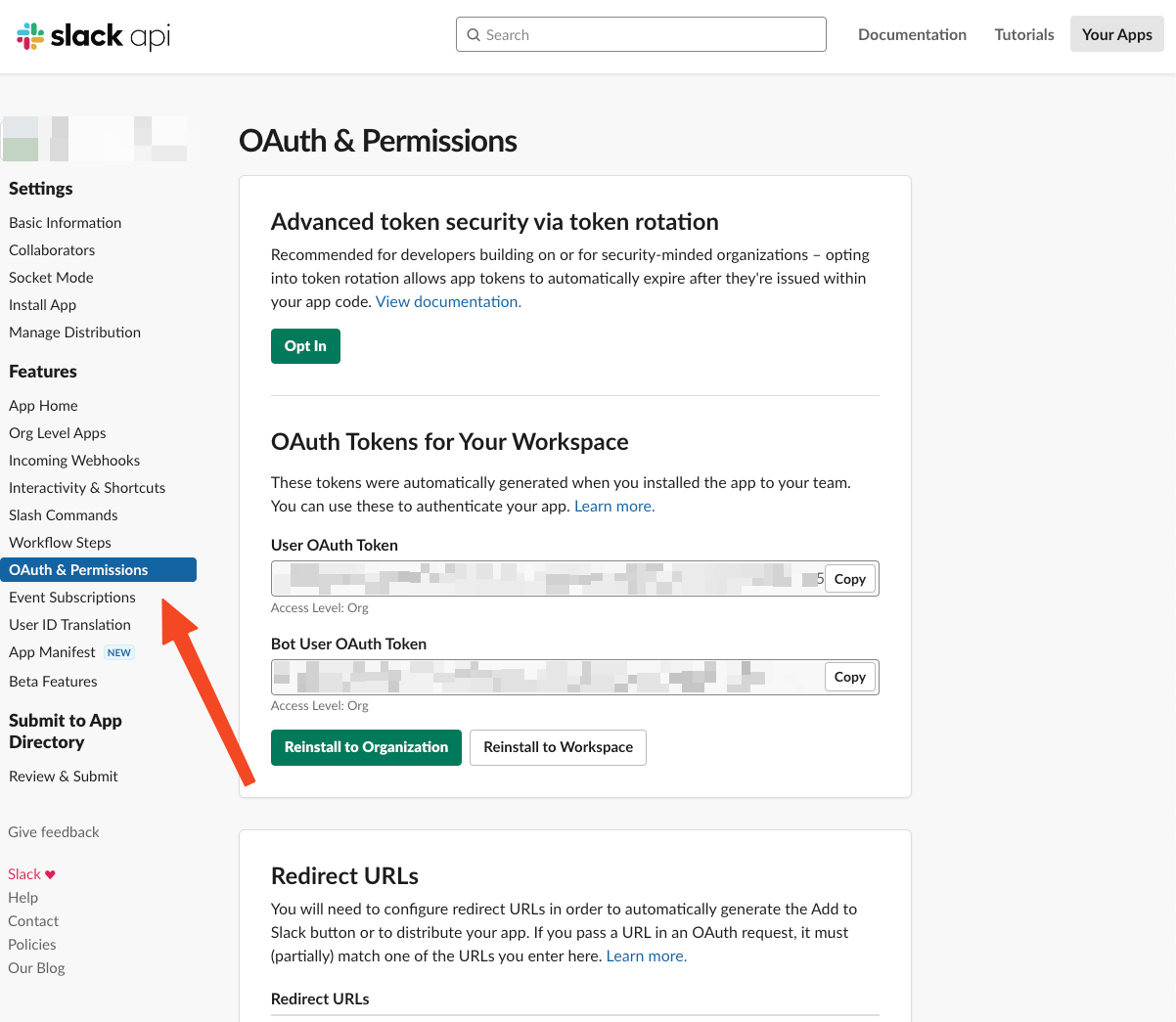 An image showing the user where to locate the ‘OAuth & Permissions’ tab in the slack settings.