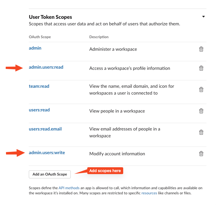 An image showing the ‘admin.users:read’, and ‘admin.users:write’ added to the user token scopes in slack