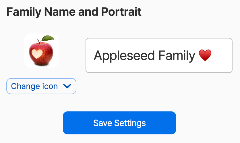 The settings to edit the name or portrait for a family account on 1Password.com