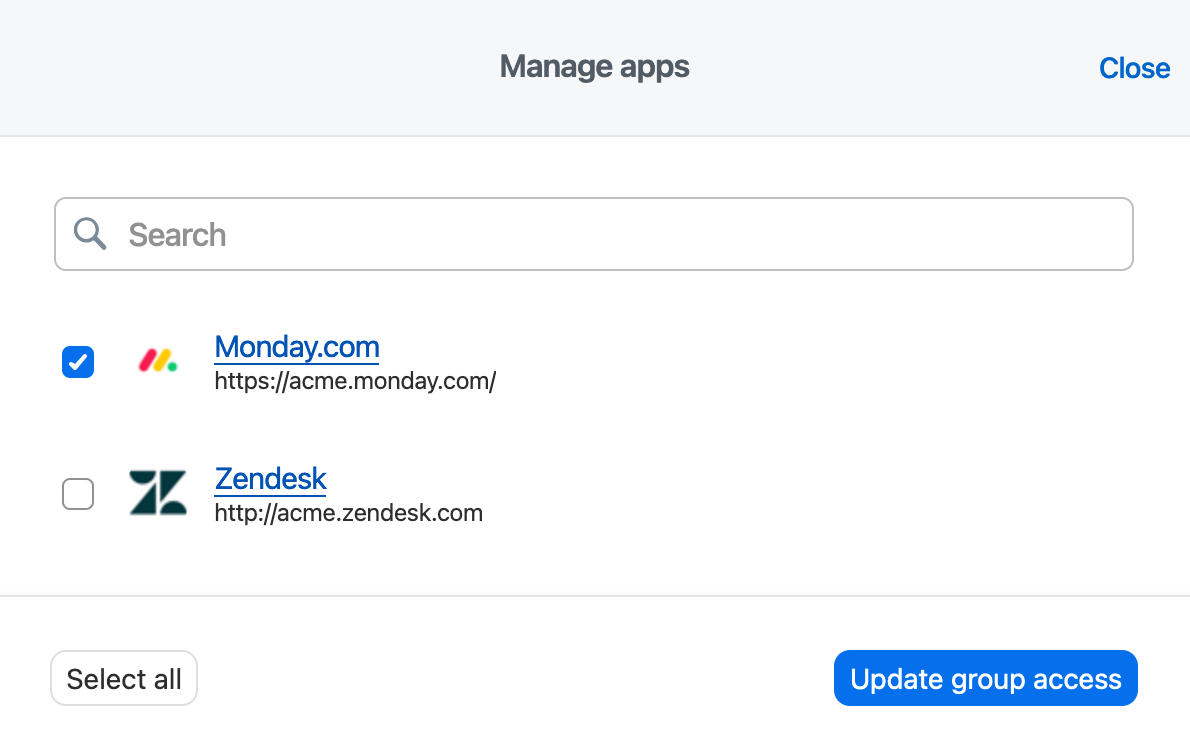 The SSO assign access window open with three groups selected to assign access to.
