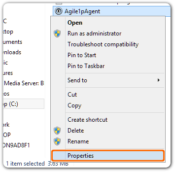 Agile1pAgent selected, with the right-click menu open highlighting Properties