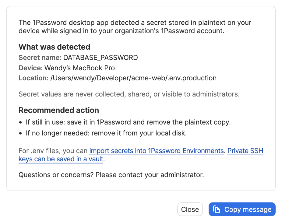 The email message you can copy and send to people who have developer secrets stored in plaintext on their local disks.