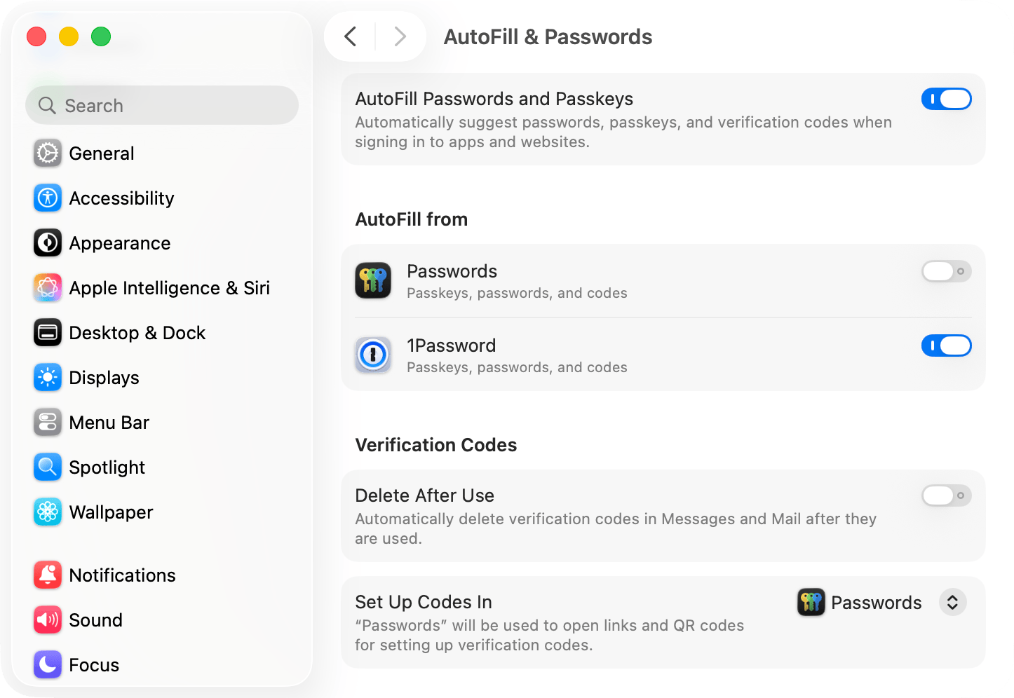 A System Settings window showing the AutoFill settings. 1Password is turned on and the built-in Passwords app is turned off.