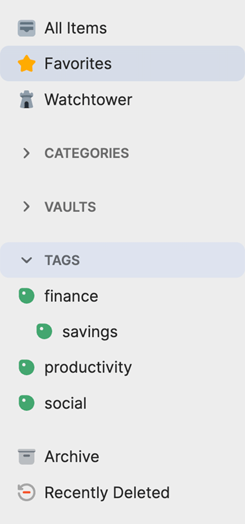 Favorites and tags in the sidebar on 1Password.com