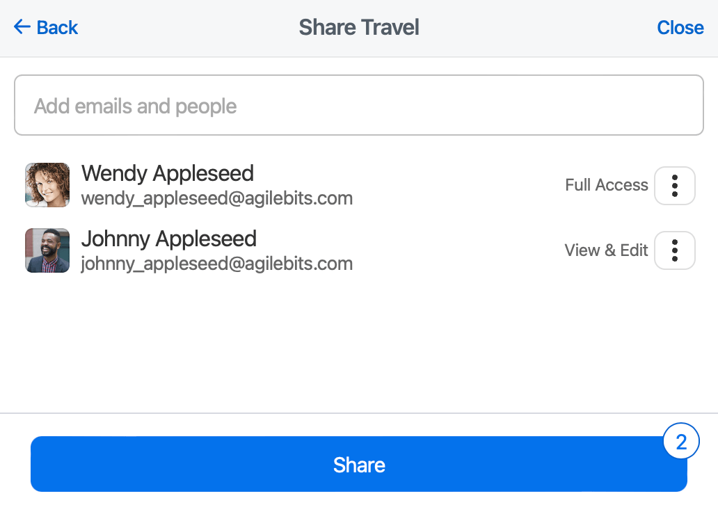 The pop-up to share a vault with people on 1Password.com