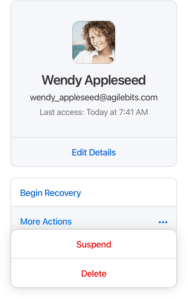 Select the name of a person, then select More Actions and choose Suspend or Delete