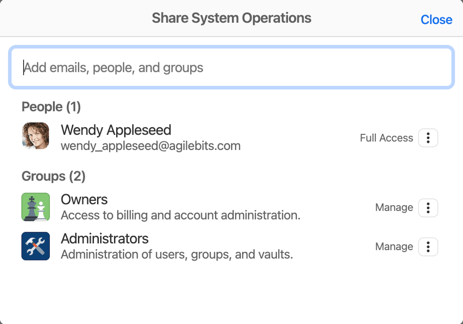 The page on 1Password.com that shows the list of team members a vault has been shared with