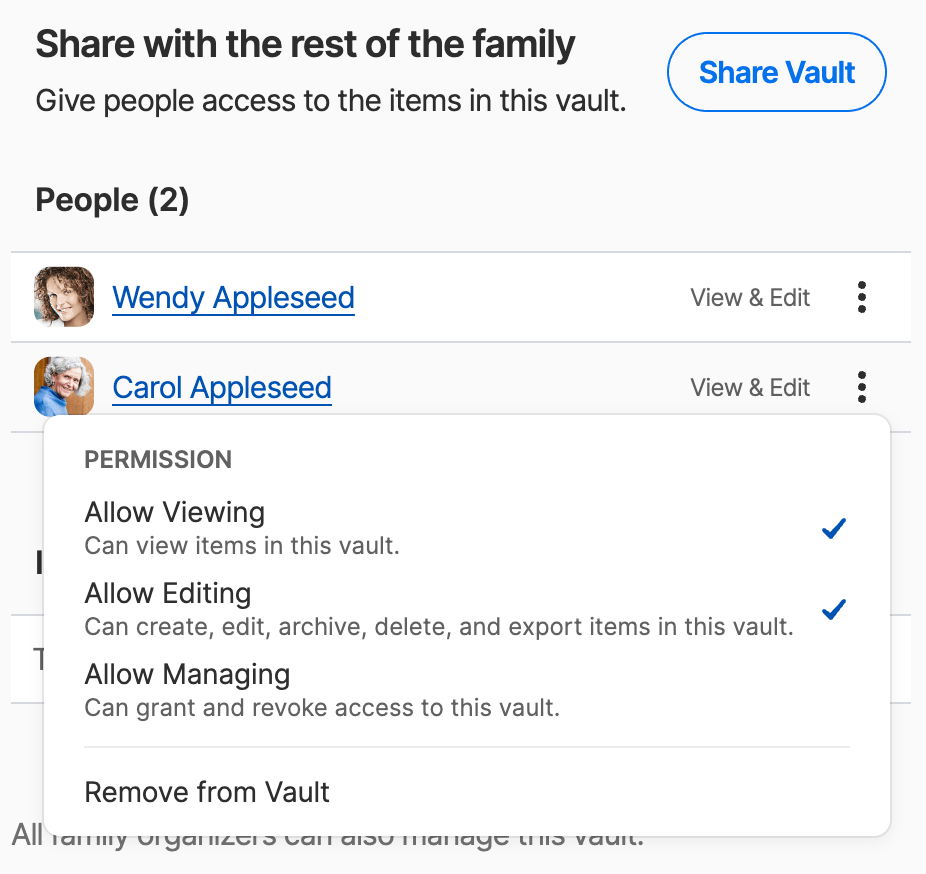 The dropdown menu showing the permissions that can be granted to a family member for a specific vault