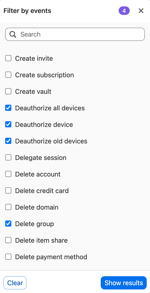The events filter in the audit log with several events selected.