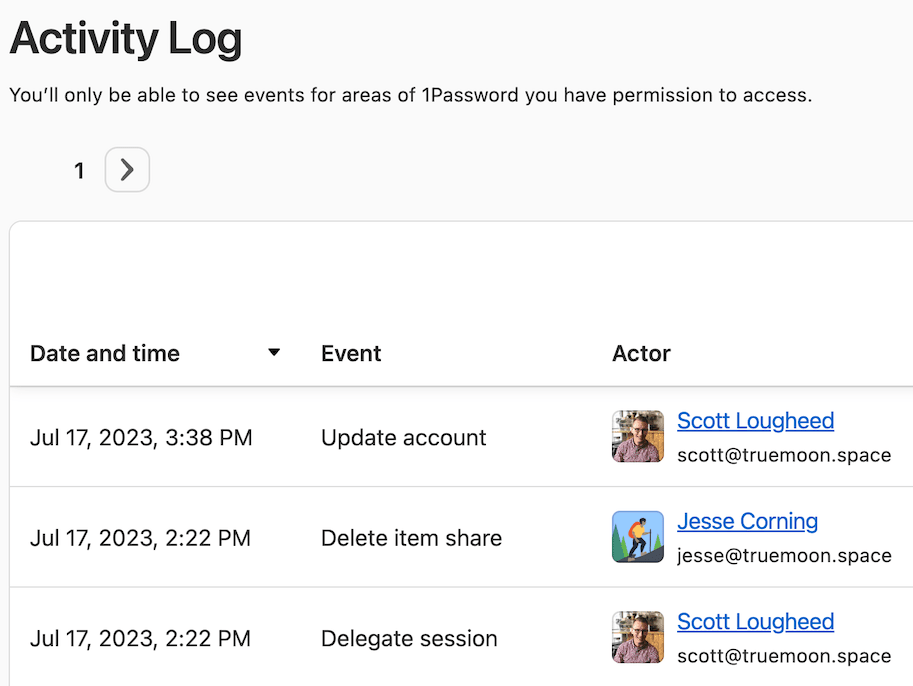 Actions listed in the audit log