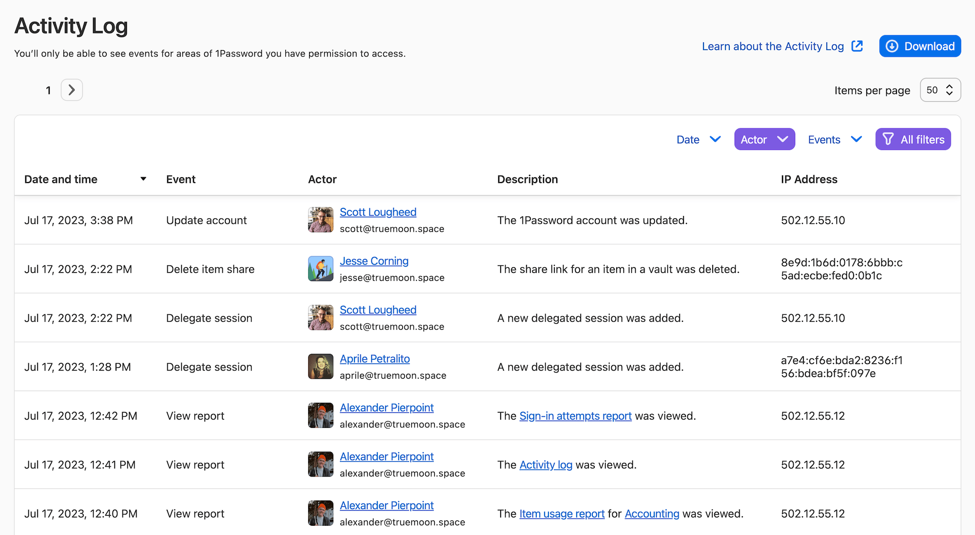 Activities listed in the audit log