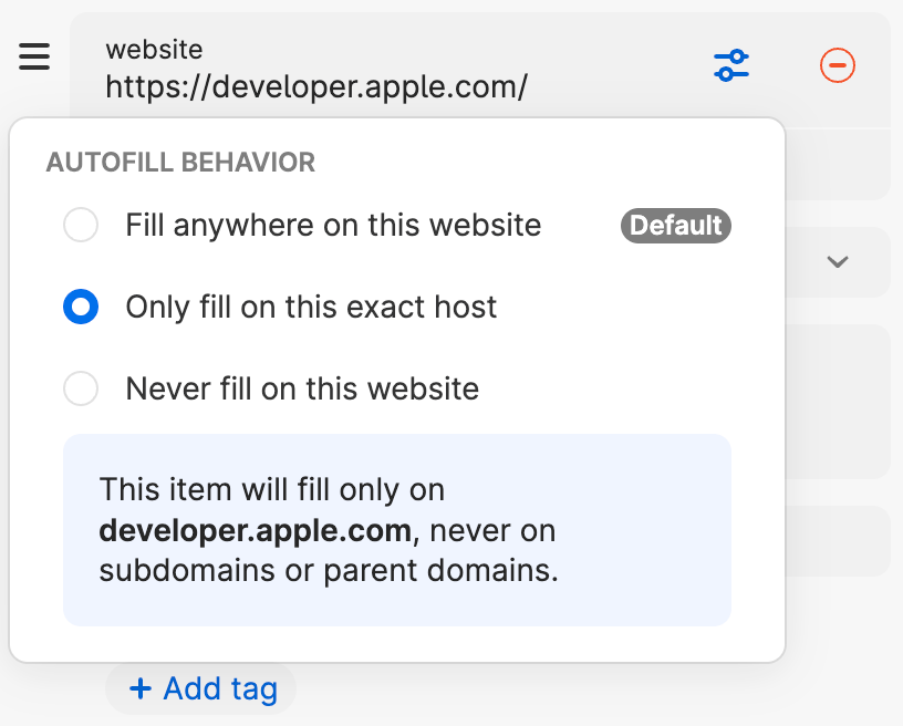The autofill behavior setting in an item.