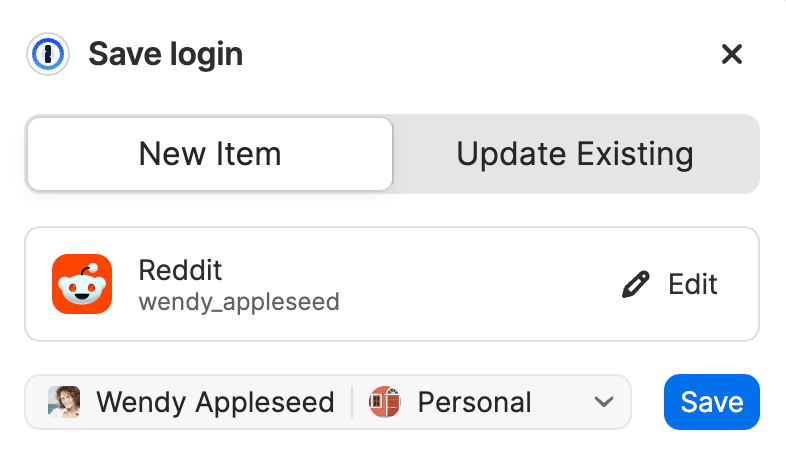 Saving a login inline using the 1Password browser extension.