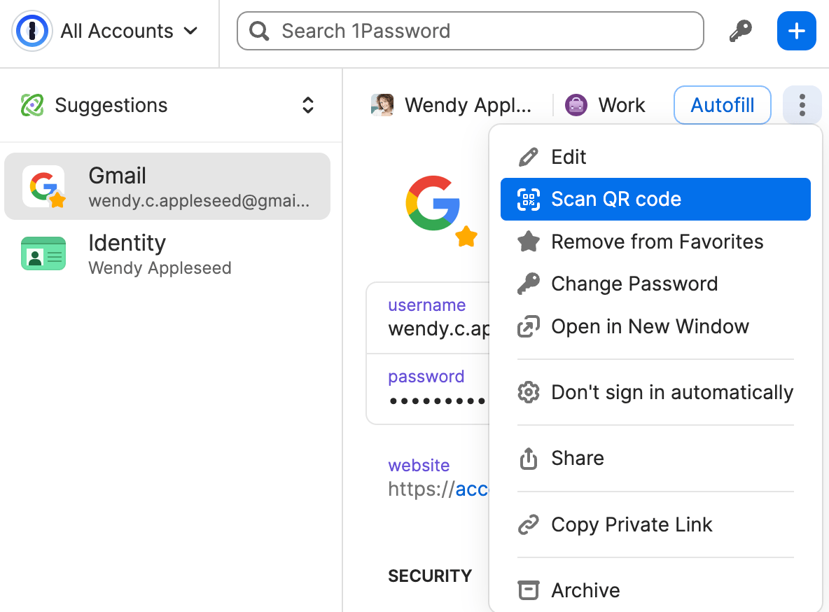 Configurer l’authentification à deux étapes à partir de la fenêtre contextuelle 1Password