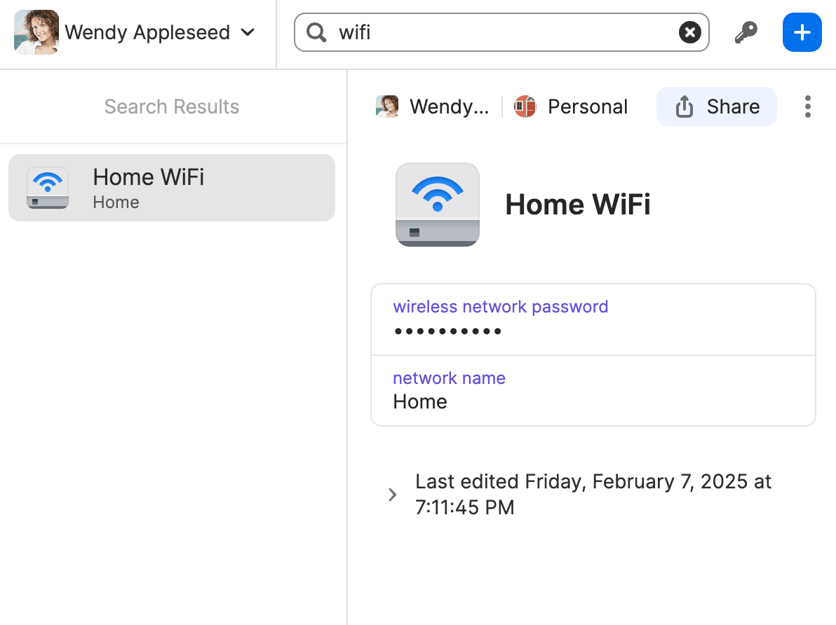 Partager un élément dans la fenêtre contextuelle 1Password
