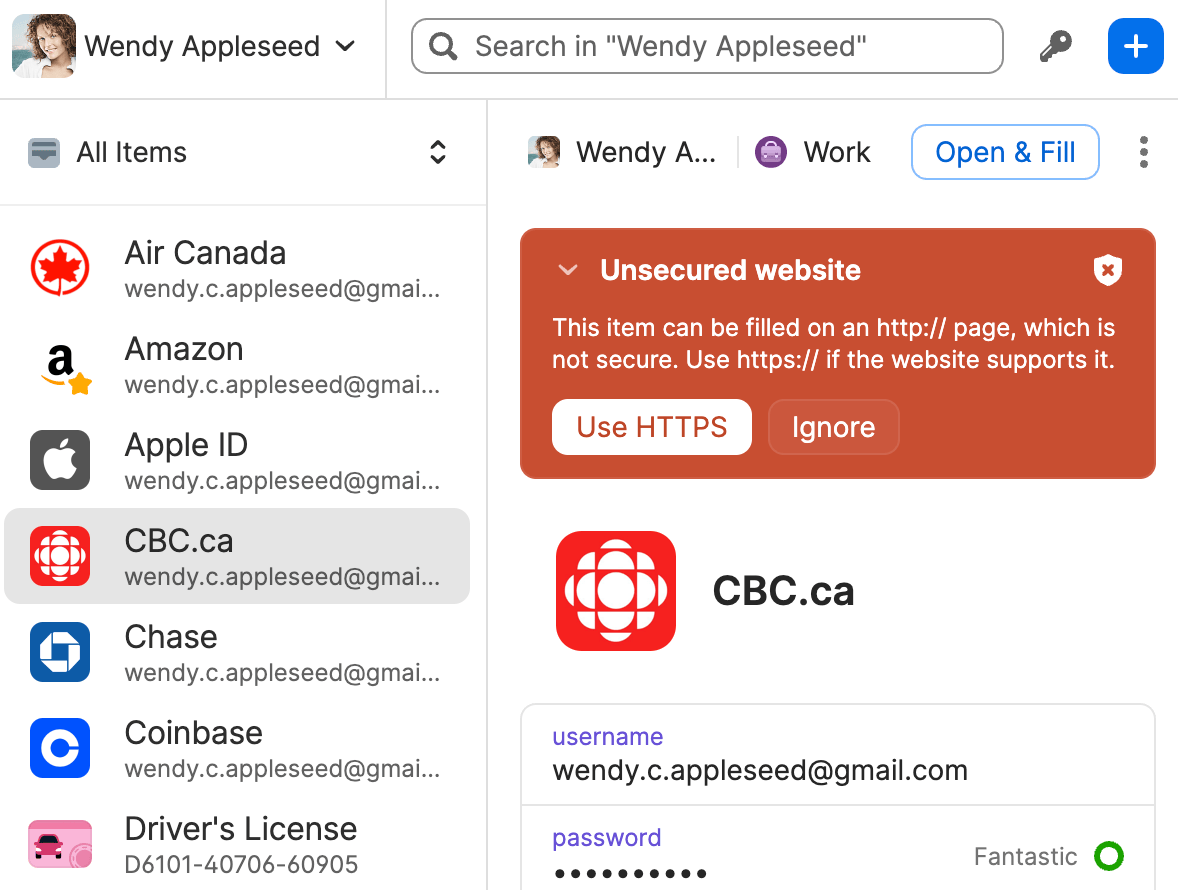Élément avec une bannière Watchtower dans la fenêtre contextuelle 1Password