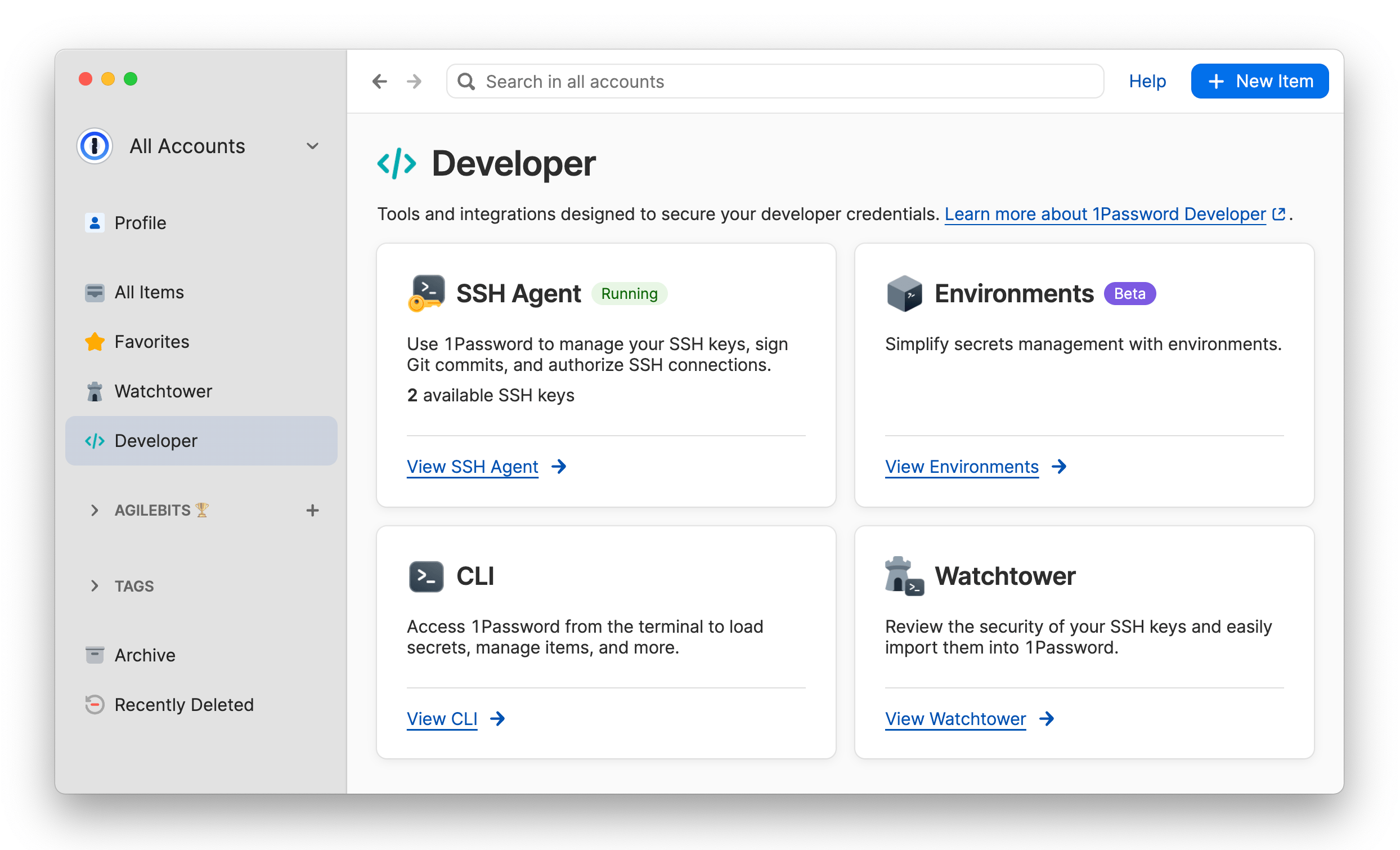 The 1Password Developer overview screen in the 1Password desktop app with sections for SSH Agent, Environments, CLI, and Developer Watchtower.