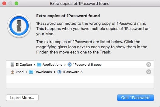 Zusätzliche Kopien von 1Password gefunden