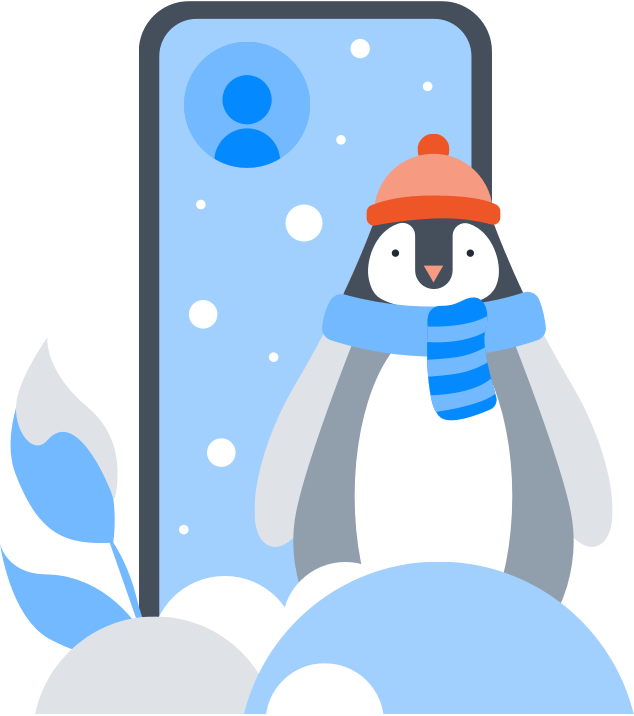 Ein verschneiter Pinguin und ein Gerät, das ein eingefrorenes Konto darstellt.
