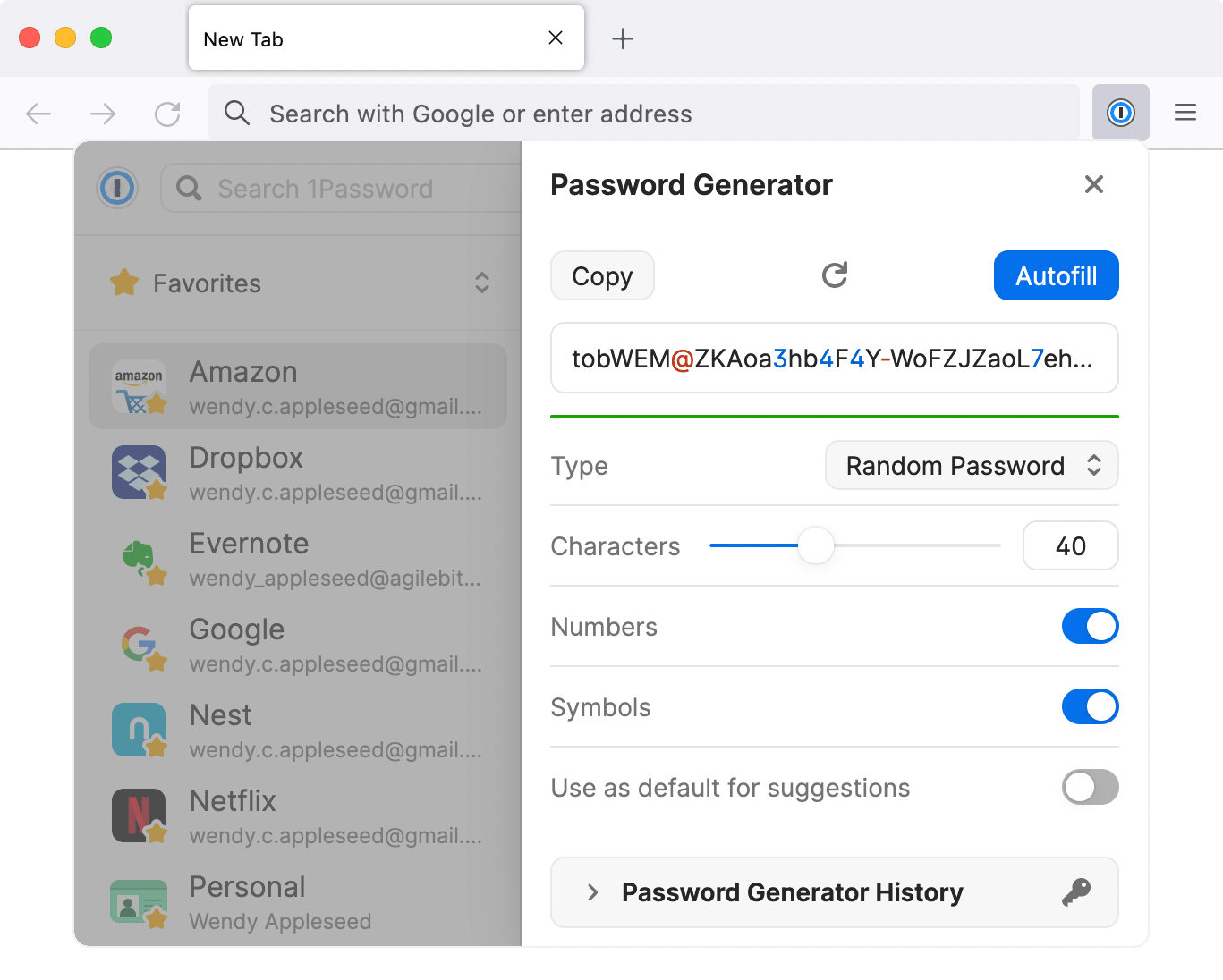 Le générateur de mots de passe dans la fenêtre contextuelle 1Password