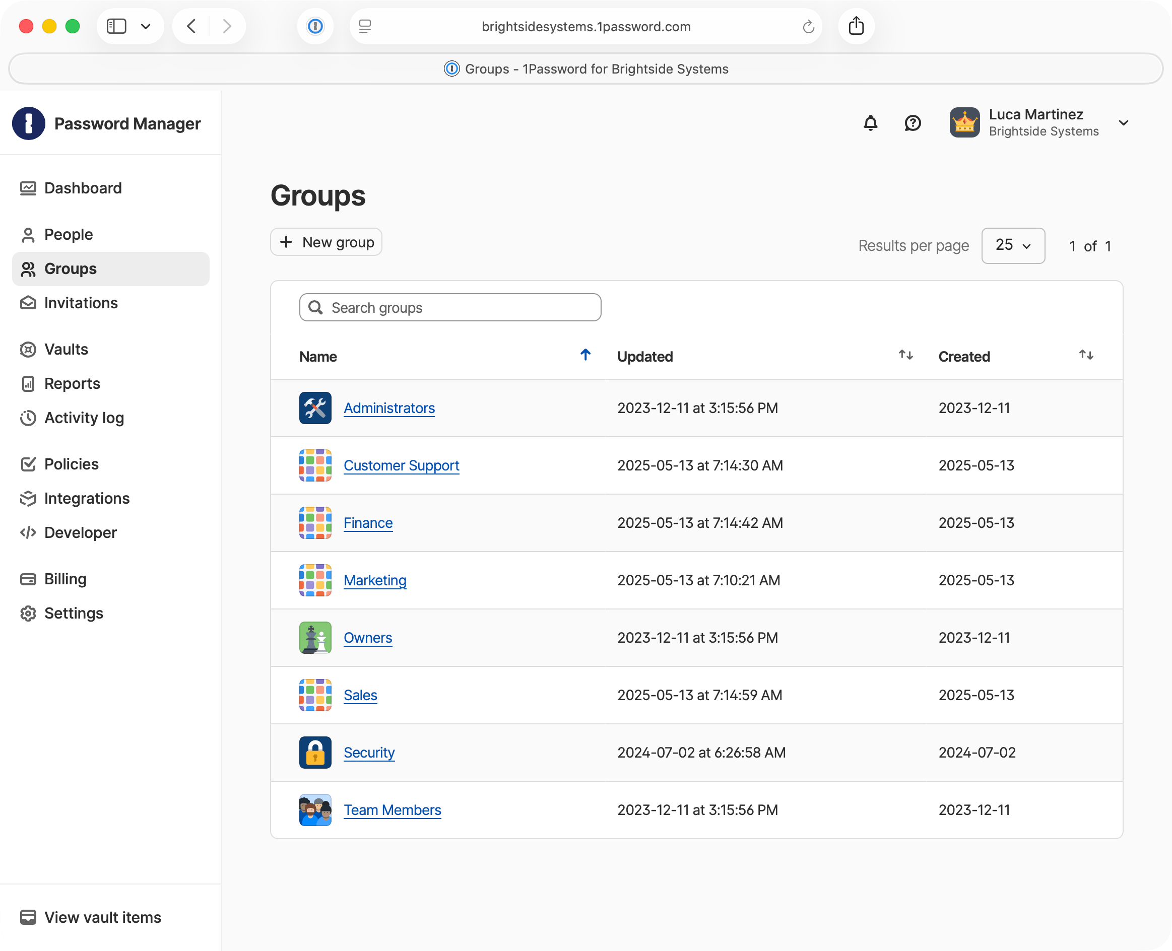 The Groups page on 1Password.com showing a list of built-in and custom groups