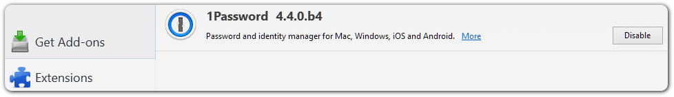 the 1Password classic extension showing as installed and enabled on the Extensions page in Firefox