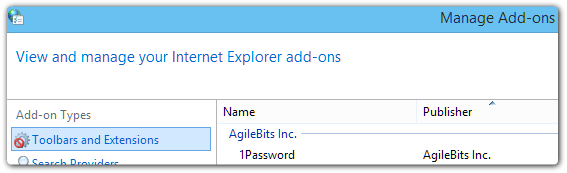 The Manage Add-ons window with 1Password listed under ‘Toolbars and Extensions’