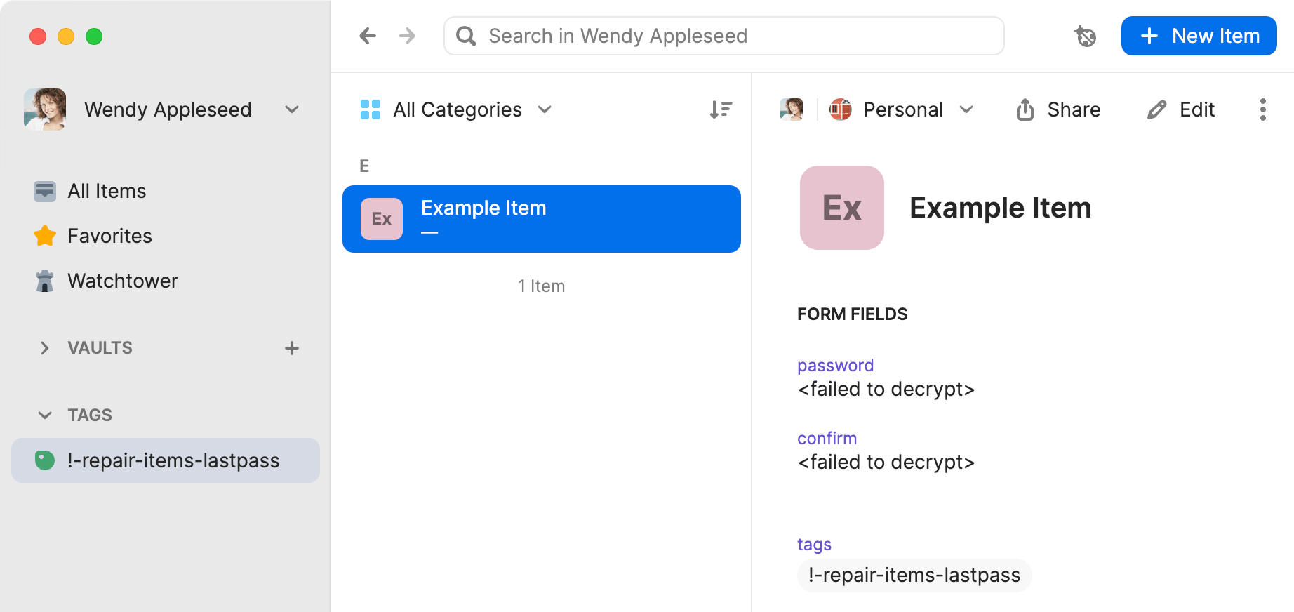 Die 1Password-Desktop-App zeigt ein Element namens „Example Item“ mit zwei Feldern, die den Wert <failed to decrypt> enthalten.