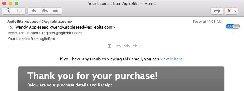 License email showing Mac and Windows license instructions