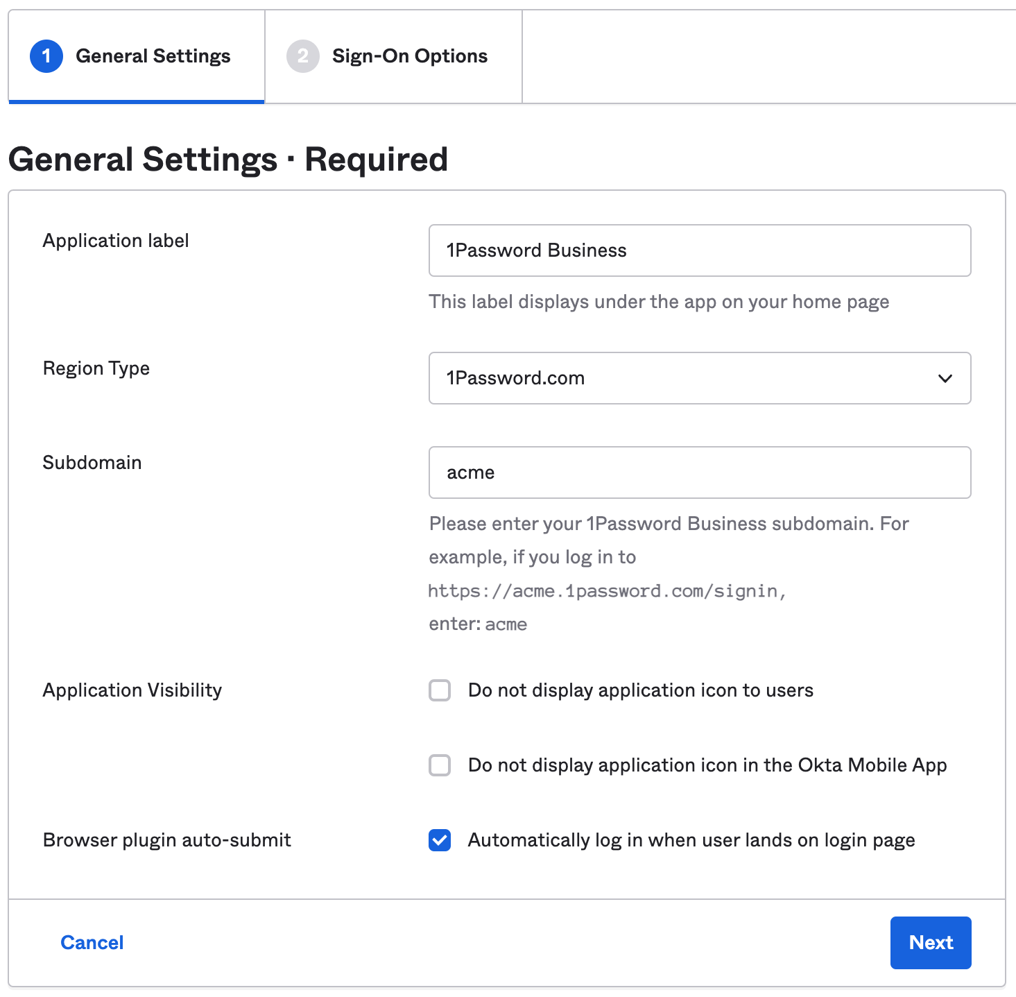 Setup settings for the 1Password Enterprise Password Manager application in Okta