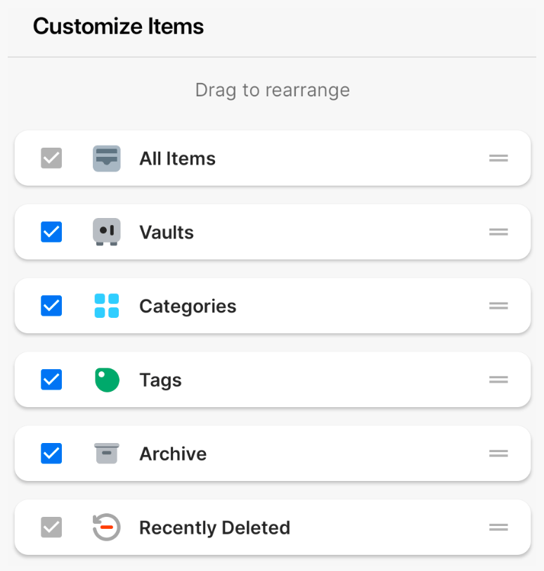 Der Bildschirm „Anpassen“ zeigt die Seitenleistenbereiche in 1Password für Android