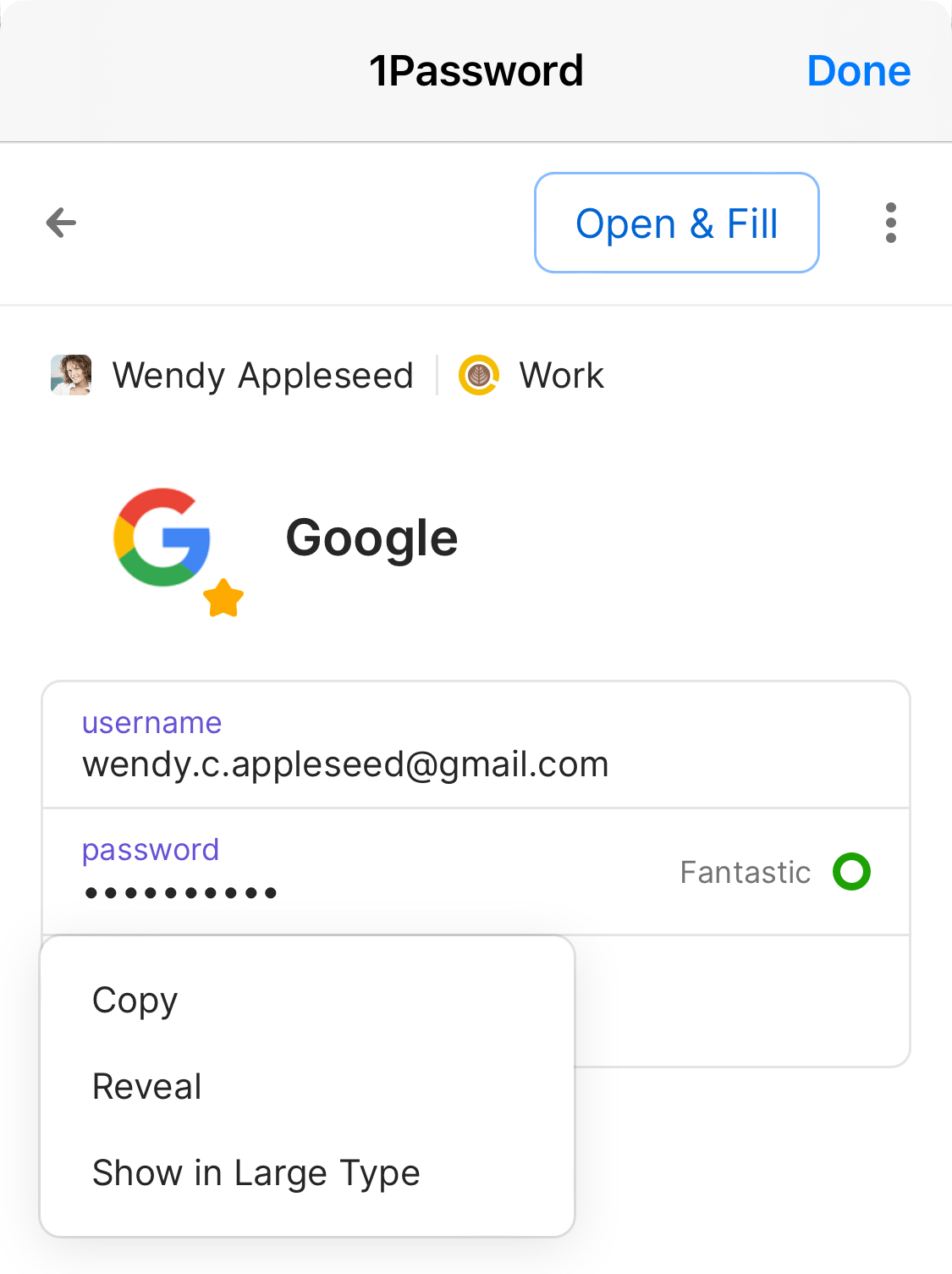La fenêtre contextuelle 1Password dans Safari affichant un élément avec le menu déroulant du champ de mot de passe ouvert.