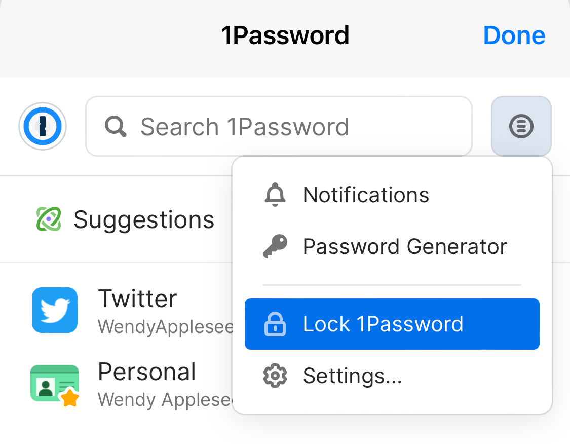 La fenêtre contextuelle 1Password dans Safari affichant le menu déroulant avec Verrouiller 1Password sélectionné.