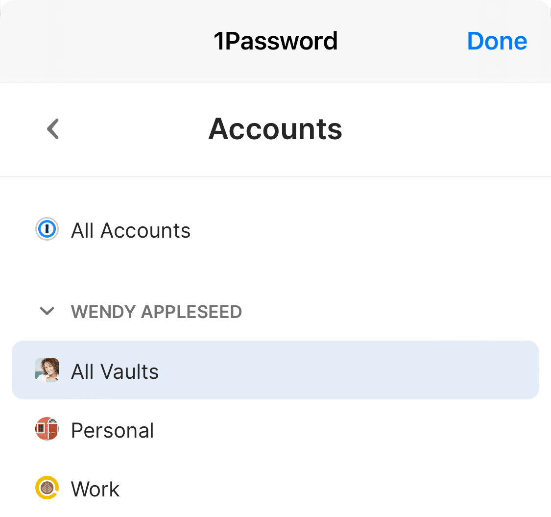 La fenêtre contextuelle 1Password dans Safari affichant une liste de comptes et de coffres.