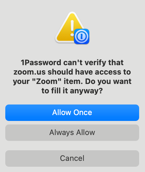 Eine Nachricht von 1Password, die dich fragt, ob du ein Login-Element mit einer App verknüpfen möchtest