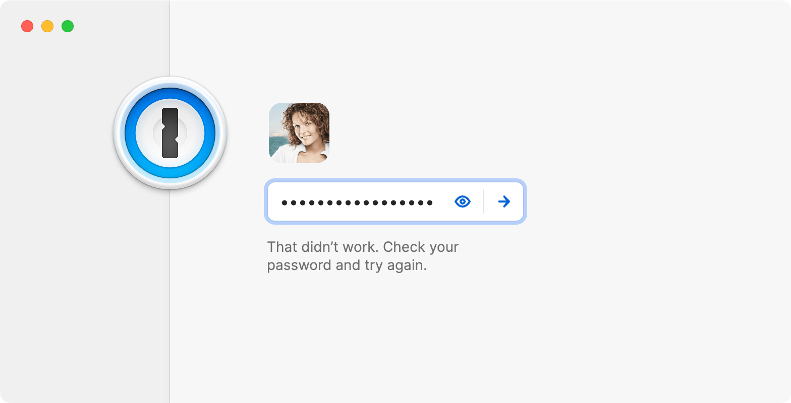 1Password-Sperrbildschirm, wenn das Kontopasswort nicht akzeptiert wird