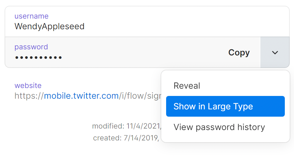 Select 'Large Type' to enlarge passwords