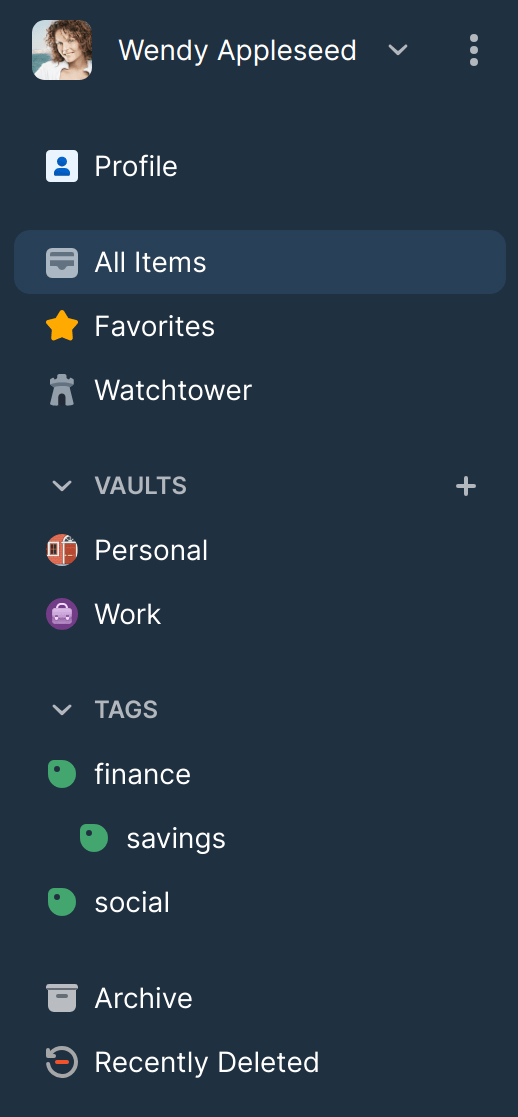 Die Seitenleiste in 1Password für Linux mit „Alle Artikel“ ausgewählt.