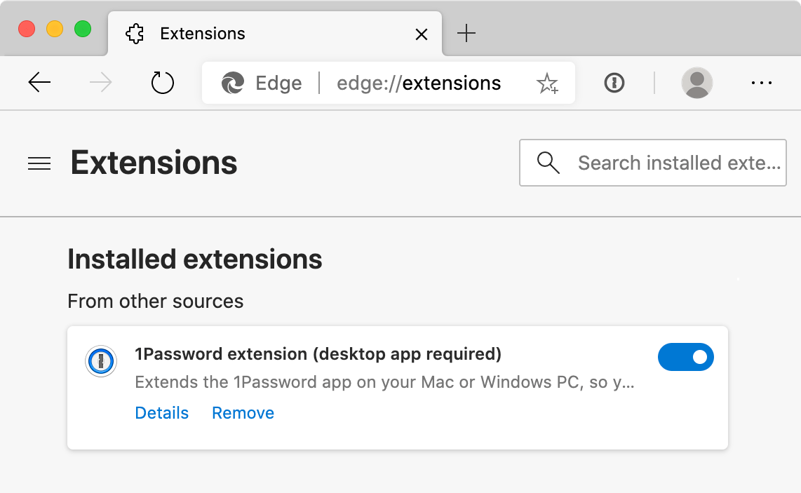 1Password on the Microsoft Edge Extensions page