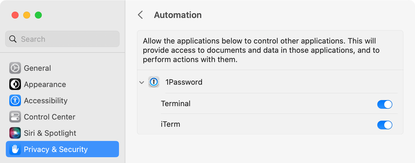 Systemeinstellungen zeigen die Automatisierungseinstellungen mit aktiviertem Terminal und iTerm an.