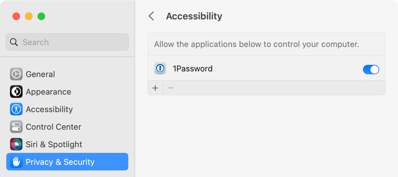 Systemeinstellungen zeigen die Einstellungen für Barrierefreiheit mit aktiviertem 1Password