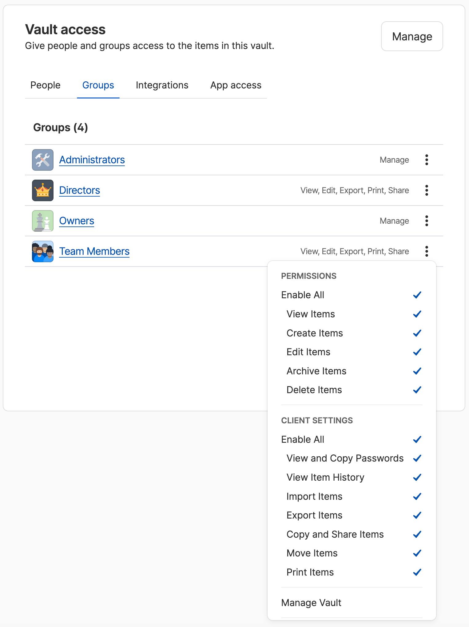 The dropdown menu for a group's vault permissions on 1Password.com