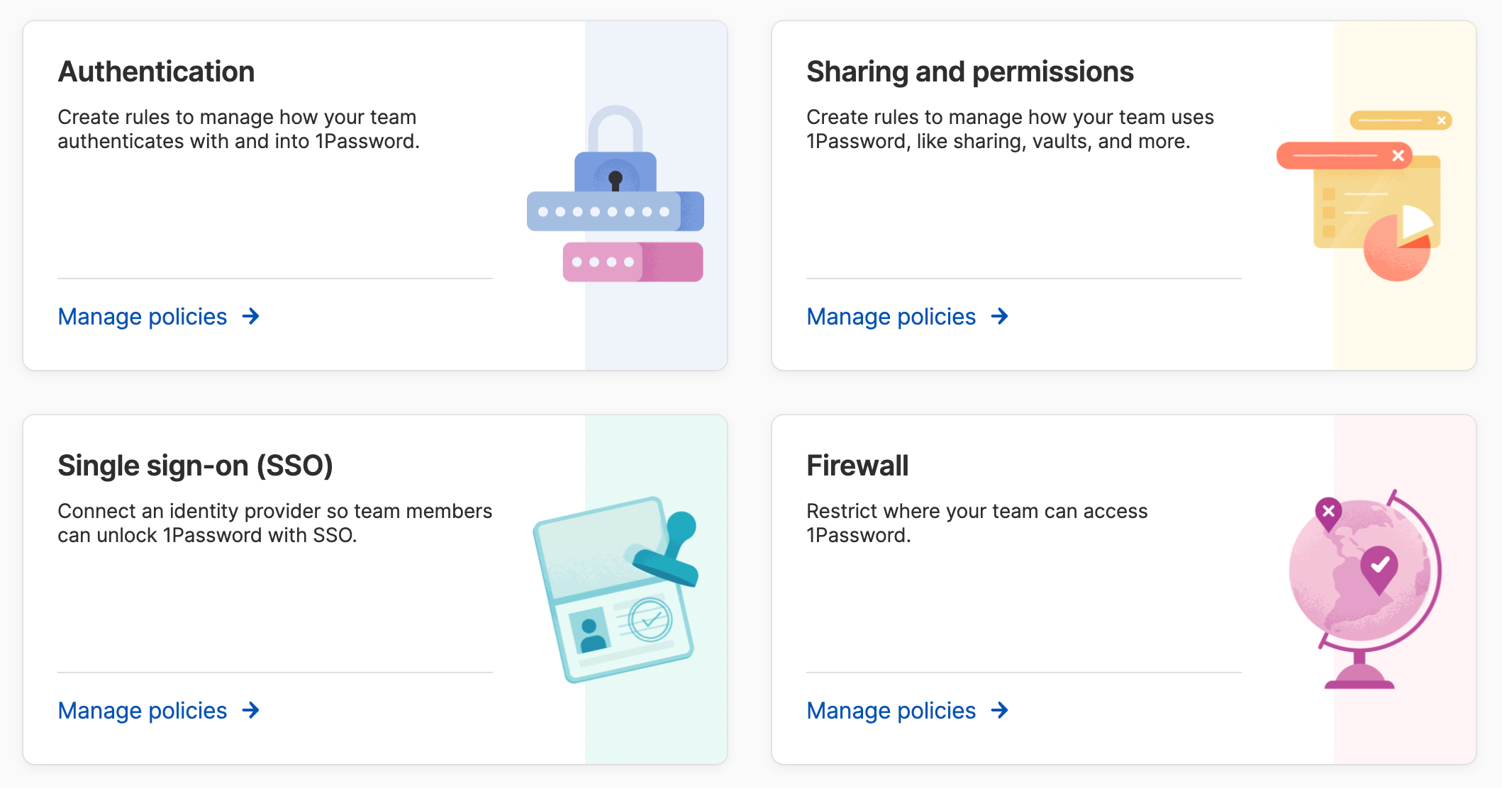The policies available in 1Password Business.
