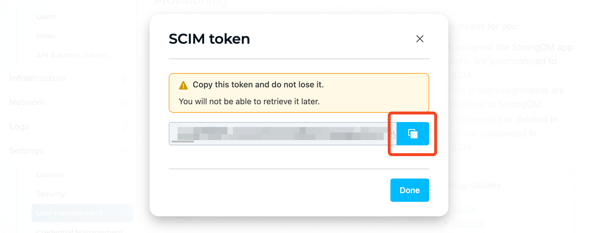 StrongDM provisioning dialog showing the SCIM token