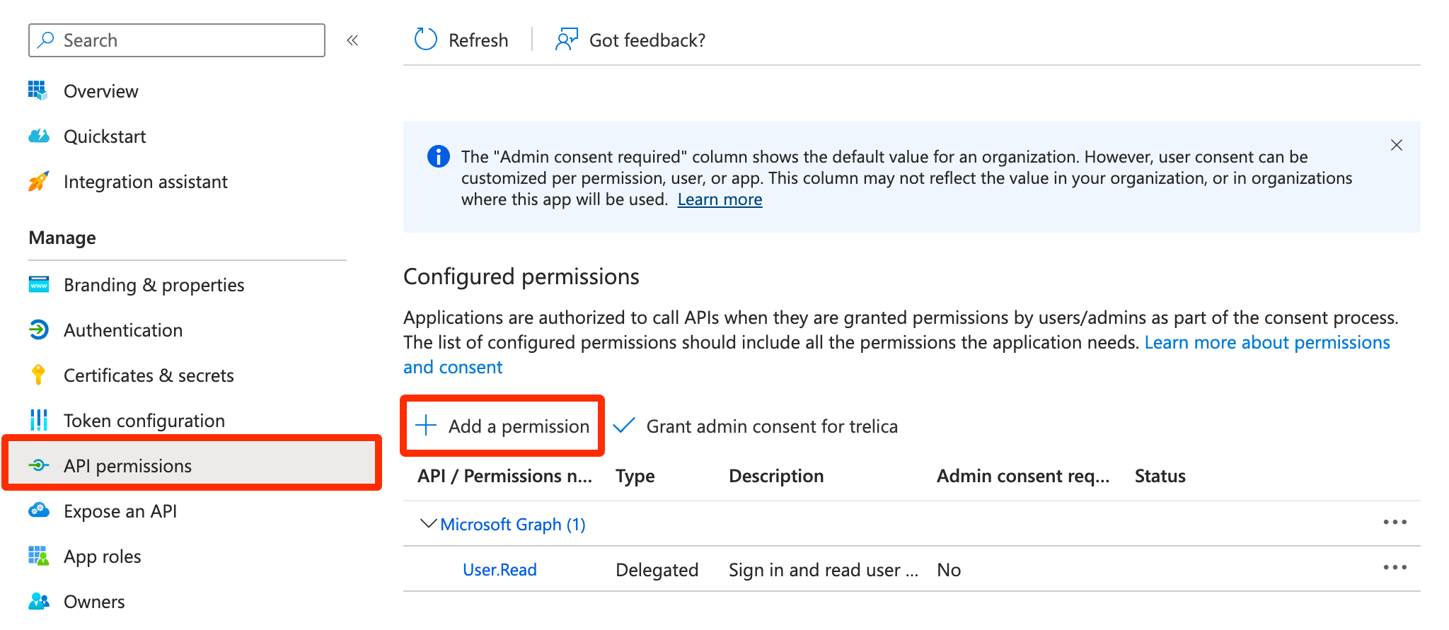 Microsoft Entra ID API permissions page with Add a permission highlighted